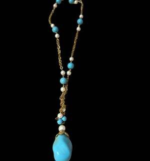 Vintage 1960s Gold-Tone and Faux Turquoise Glass Bead Multi-Strand Tassel